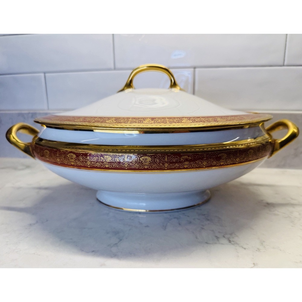 Antique B&C Limoges France Porcelain Soup Tureen Lidded Oval Red Gold Gilt 16765